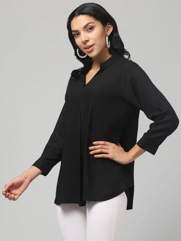 Hosita Brinjal, Ice Blue and Black Rayon Pleated Top