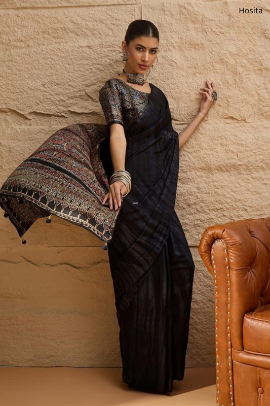 Prism Black Ajrak Sartin Printed Saree