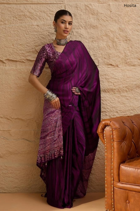 Prism Violet Ajrak Sartin Printed Saree