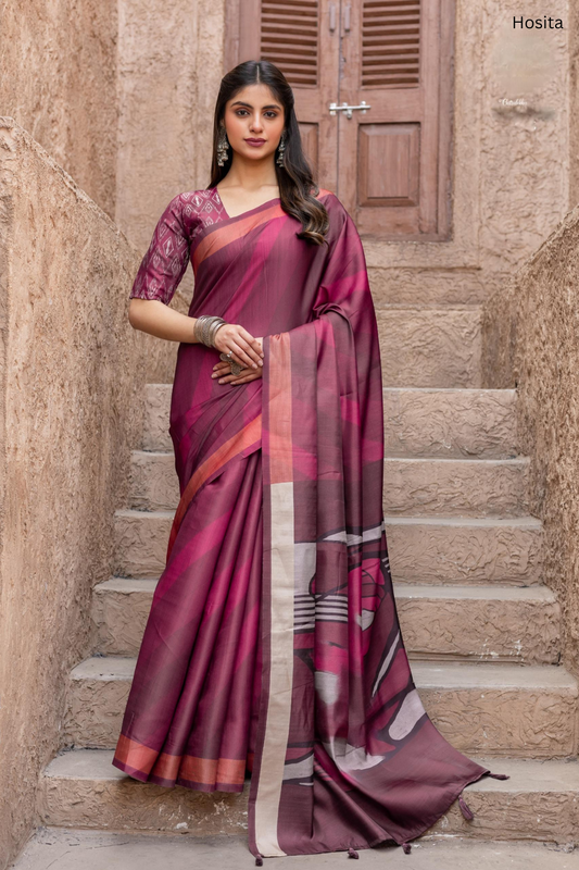 Chitralekha Magenta Tussar Satin printed Saree