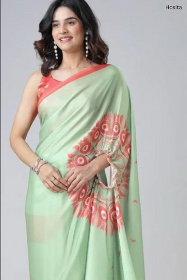 Hosita Parrot Green with Orange Print Freehand Pattern Saree