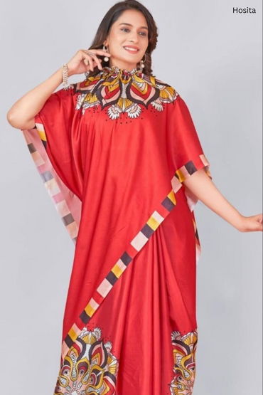 Hosita Classic Red Mandalaa Print Freehand Designer Saree