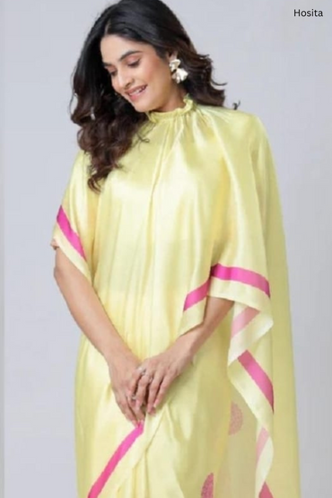 Hosita Lemon Yellow with magenta Line Handsfree Designer Saree