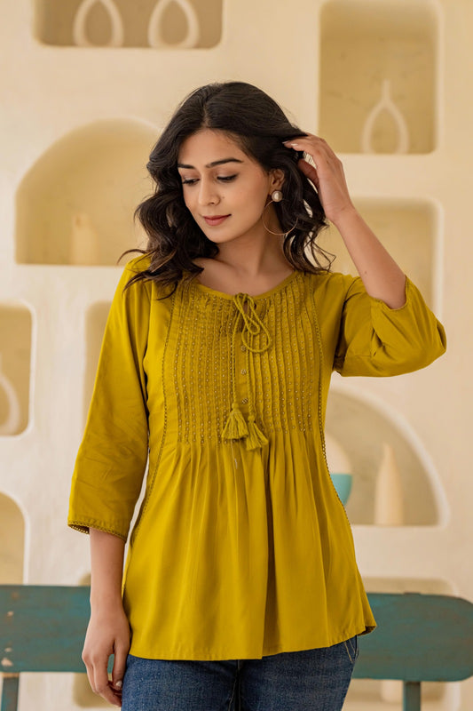 Lime Green Sequence Dori Tunic With Intricate Mirror & Thread Work