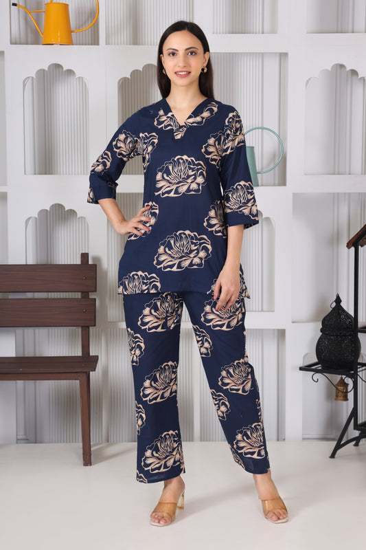 Oxford blue Flower Pattern Cotton Co-Ord Set