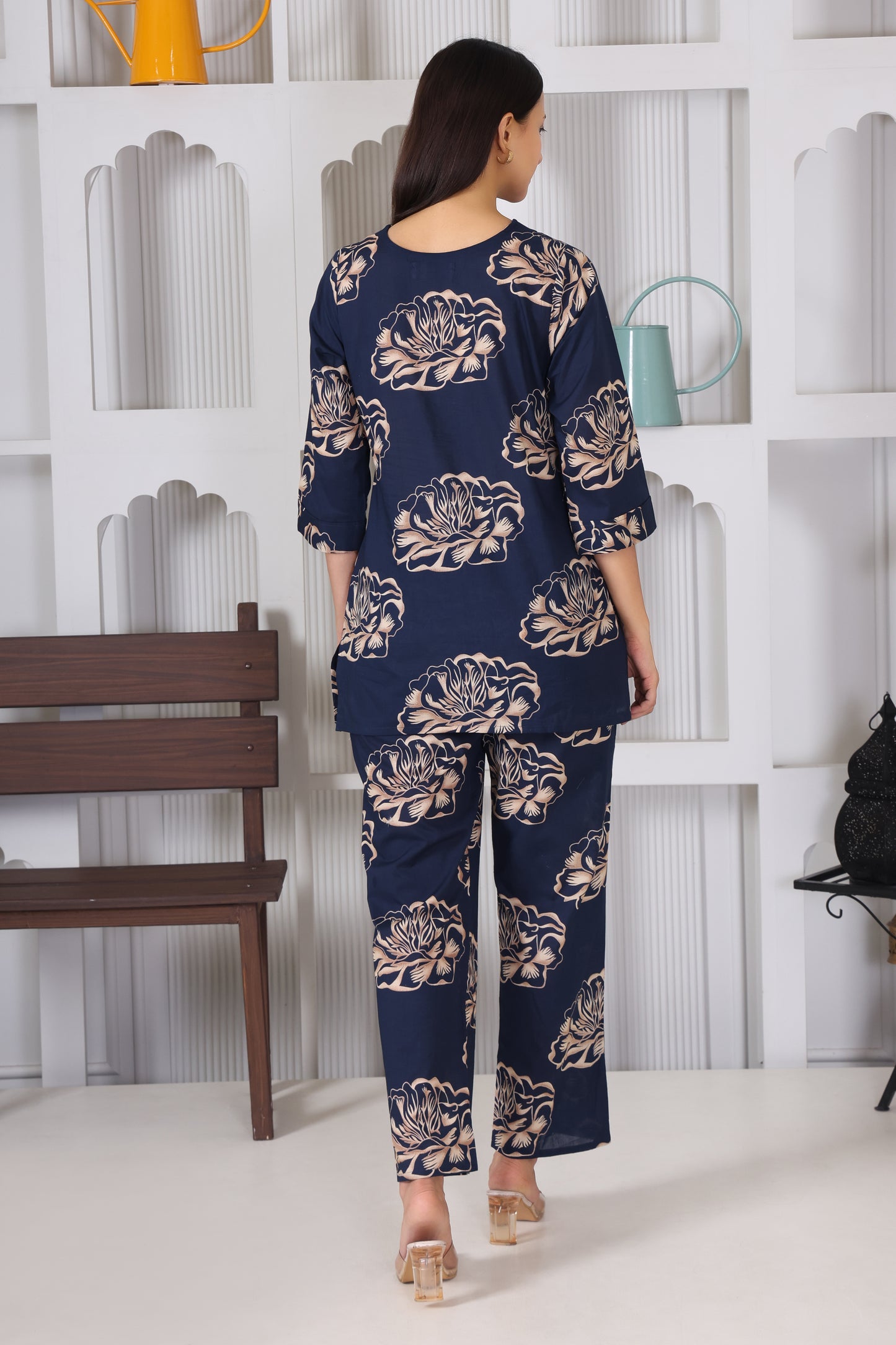 Oxford blue Flower Pattern Cotton Co-Ord Set
