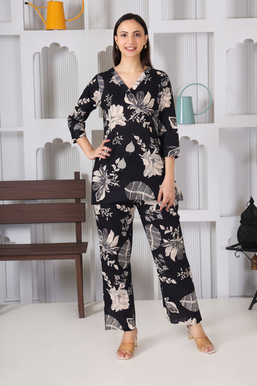Black Leaf Printed Cotton Co-Ord Set