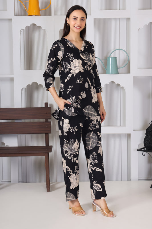 Black Leaf Printed Cotton Co-Ord Set