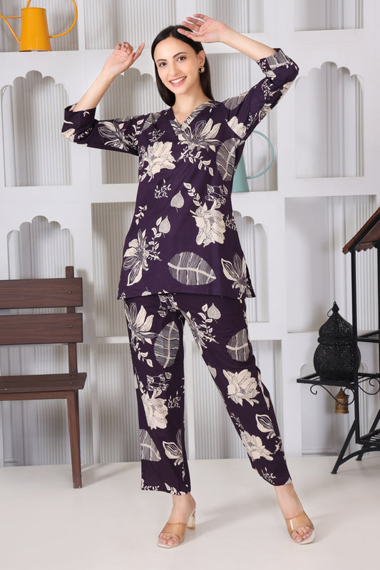 Hosita Violet Leaf Printed Cotton Co-Ord Set