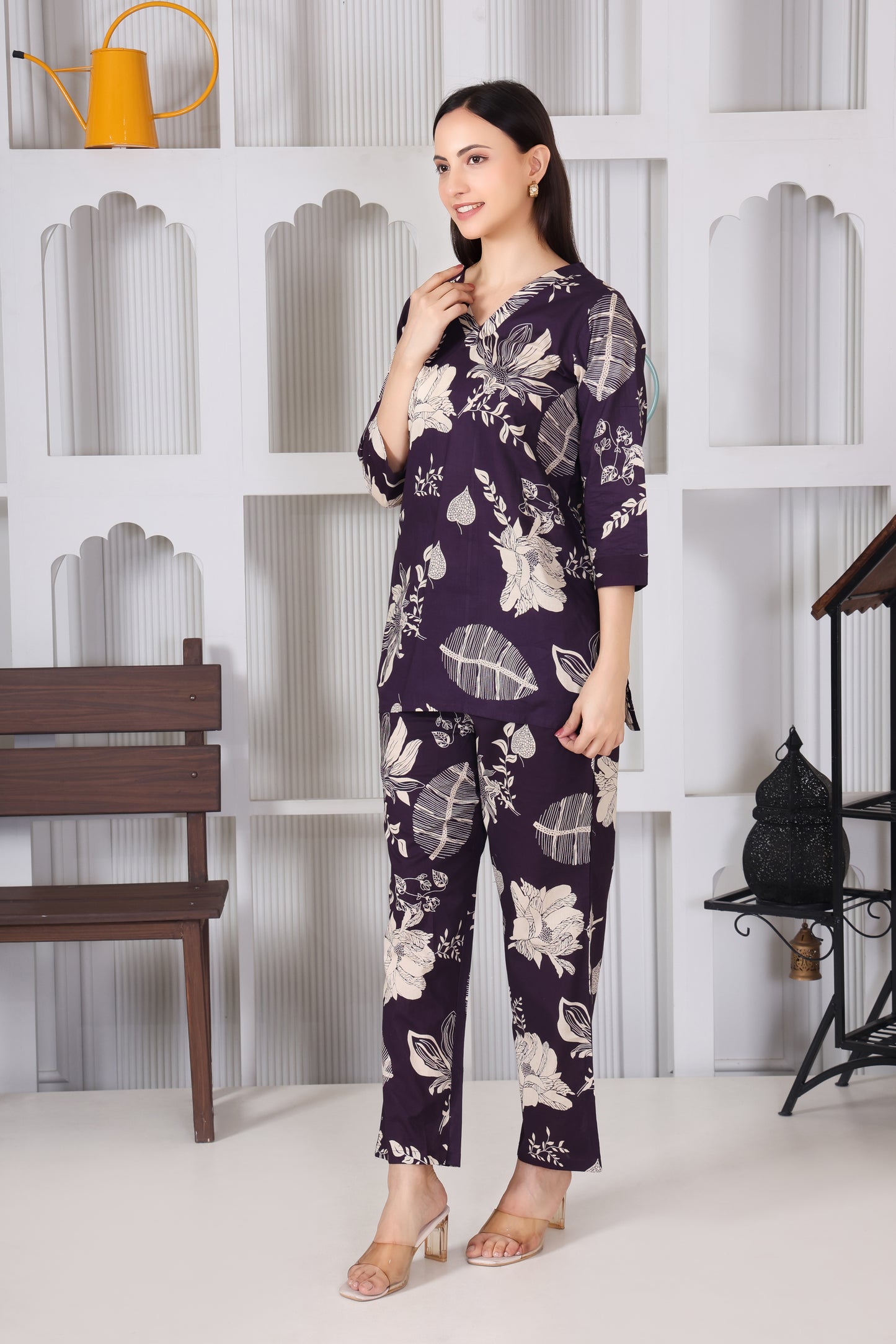 Hosita Violet Leaf Printed Cotton Co-Ord Set