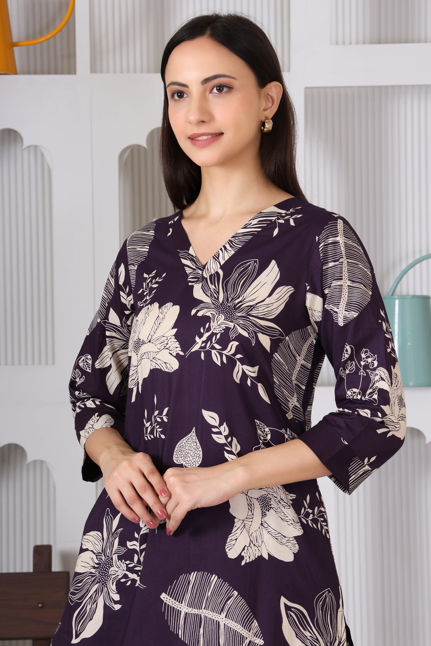 Hosita Violet Leaf Printed Cotton Co-Ord Set
