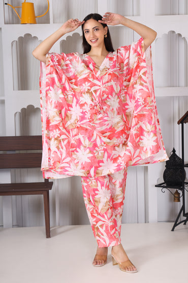 Hosita Magenta White Base Kaftan Co Ord Set
