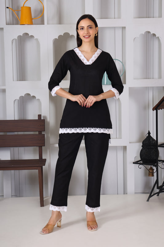 Elegant Black Lace Embroidery Co-Ord Set