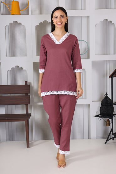 Hosita Maroon Cotton Co Ord with Lace Embroidery