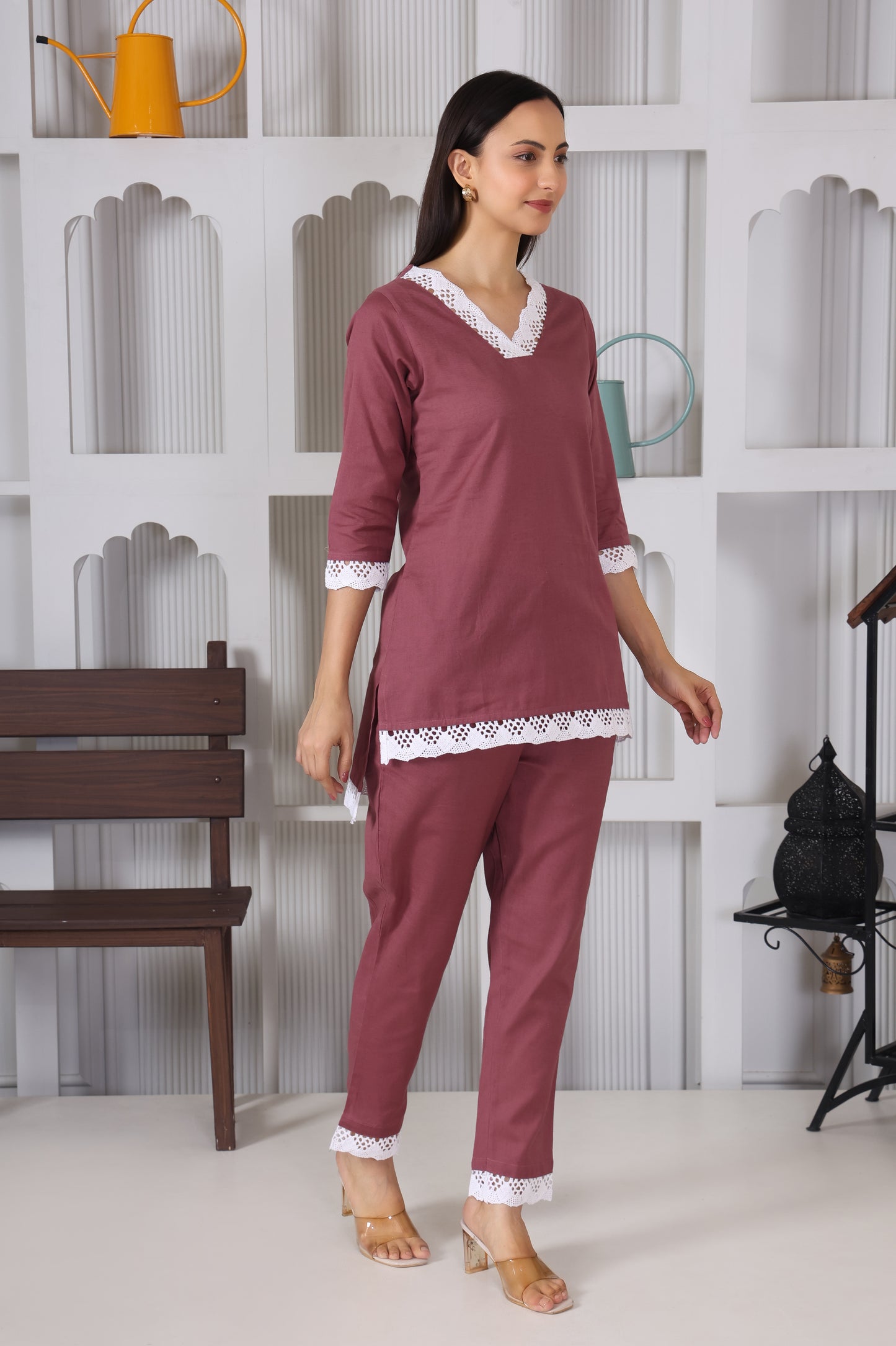 Hosita Maroon Cotton Co Ord with Lace Embroidery