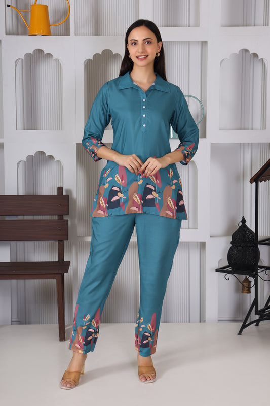 Icy Blue Floral Embroidered Co-Ord Set – Summer Bloom Edition