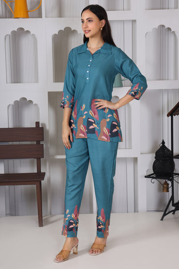 Icy Blue Floral Embroidered Co-Ord Set – Summer Bloom Edition