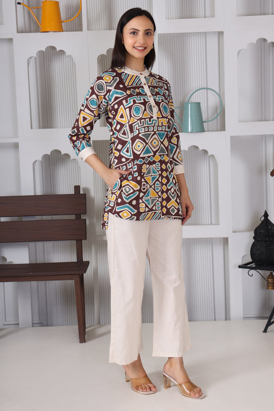 Hosita Brown With Tribal Print Cotton Co-ord Set – Bold Geometry