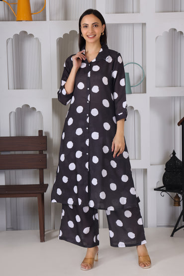 Black White Polka Dots Printed Long Co-Ord Set