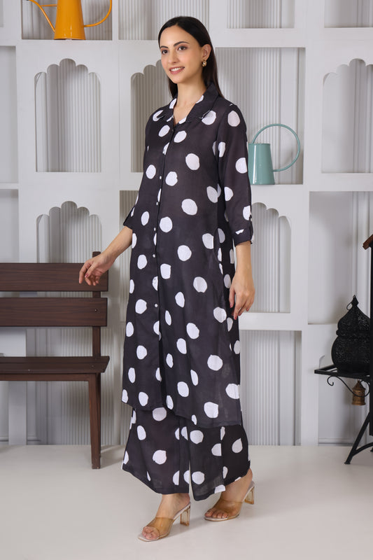 Black White Polka Dots Printed Long Co-Ord Set