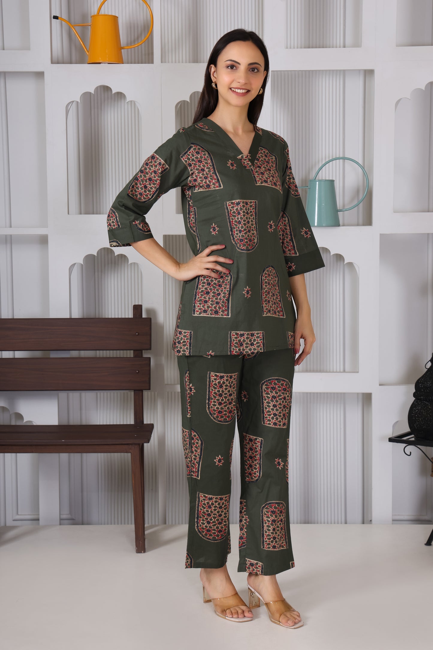 Green Block Printed Co-Ord Set – Summer Bloom Edition