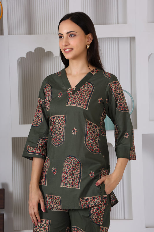 Green Block Printed Co-Ord Set – Summer Bloom Edition