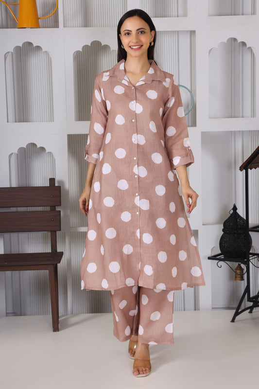 Hosita Brown White Polka Dots Printed Long Co-Ord Set