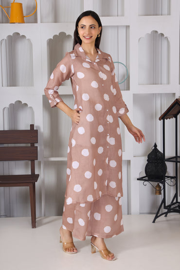 Hosita Brown White Polka Dots Printed Long Co-Ord Set