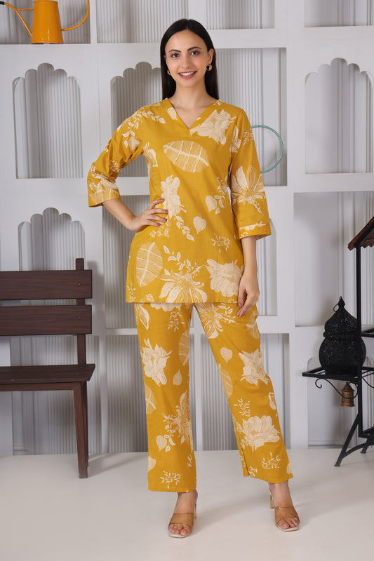 Yellow Leaf and Floral Printed Cotton Co Ord Set