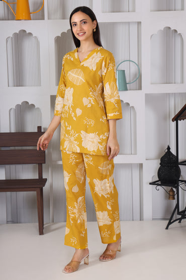 Yellow Leaf and Floral Printed Cotton Co Ord Set
