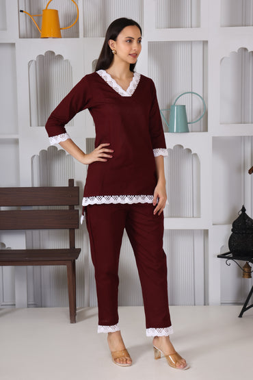 Hosita Elegant Cherry Cotton Co Ord with Lace Embroidery