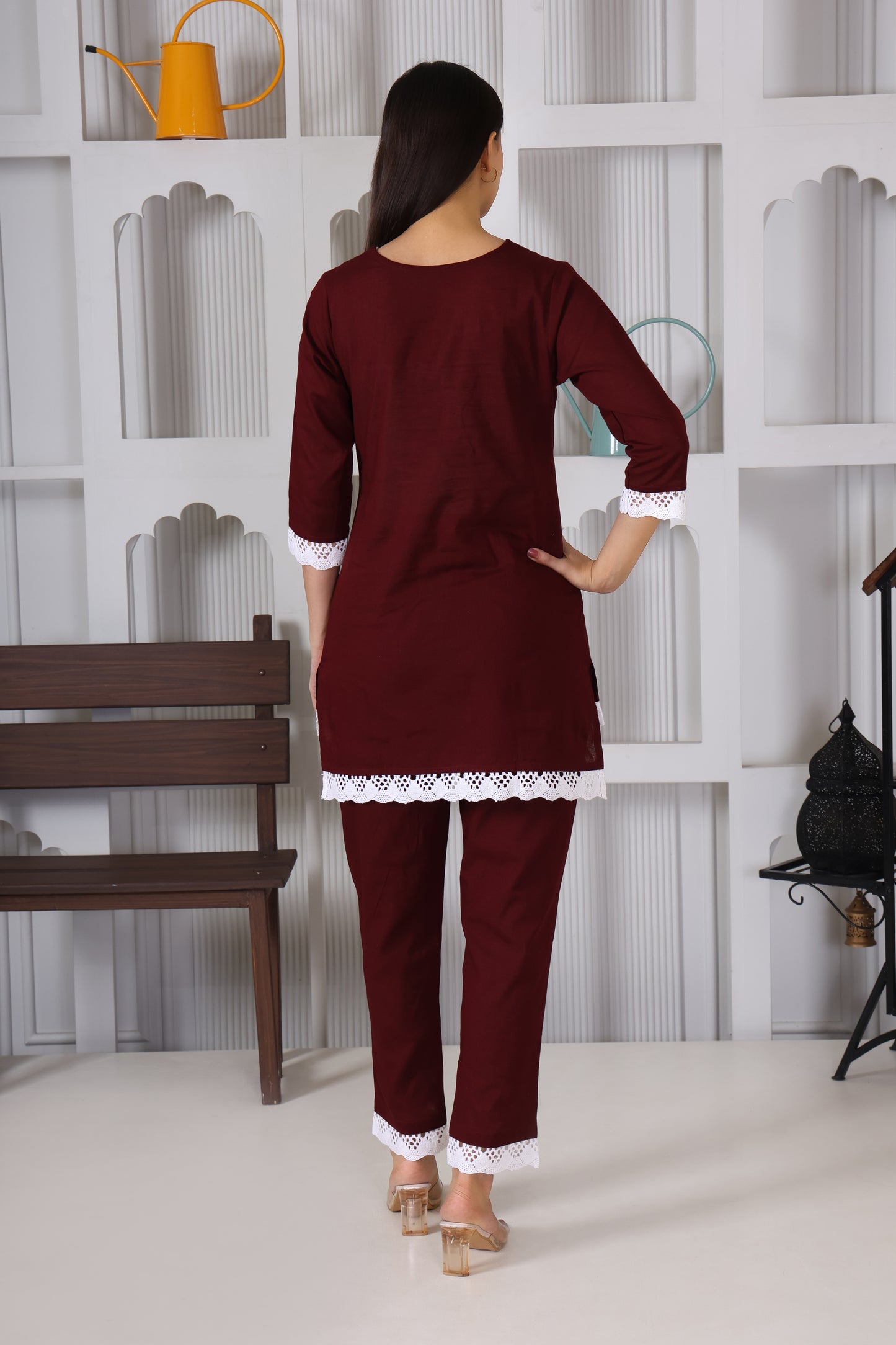 Hosita Elegant Cherry Cotton Co Ord with Lace Embroidery