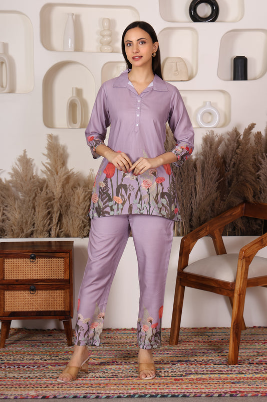Violet Floral Embroidered Co-ord Set – Summer Bloom Edition