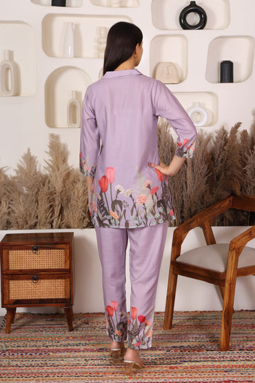 Violet Floral Embroidered Co-ord Set – Summer Bloom Edition