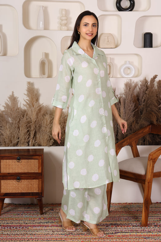 Hosita Pista Green White Polka Dots Printed Long Co-Ord Set