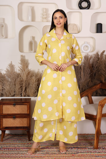 Hosita Lemon Yellow White Polka Dots Printed Long Co-Ord Set
