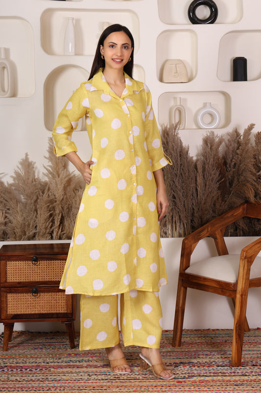 Hosita Lemon Yellow White Polka Dots Printed Long Co-Ord Set