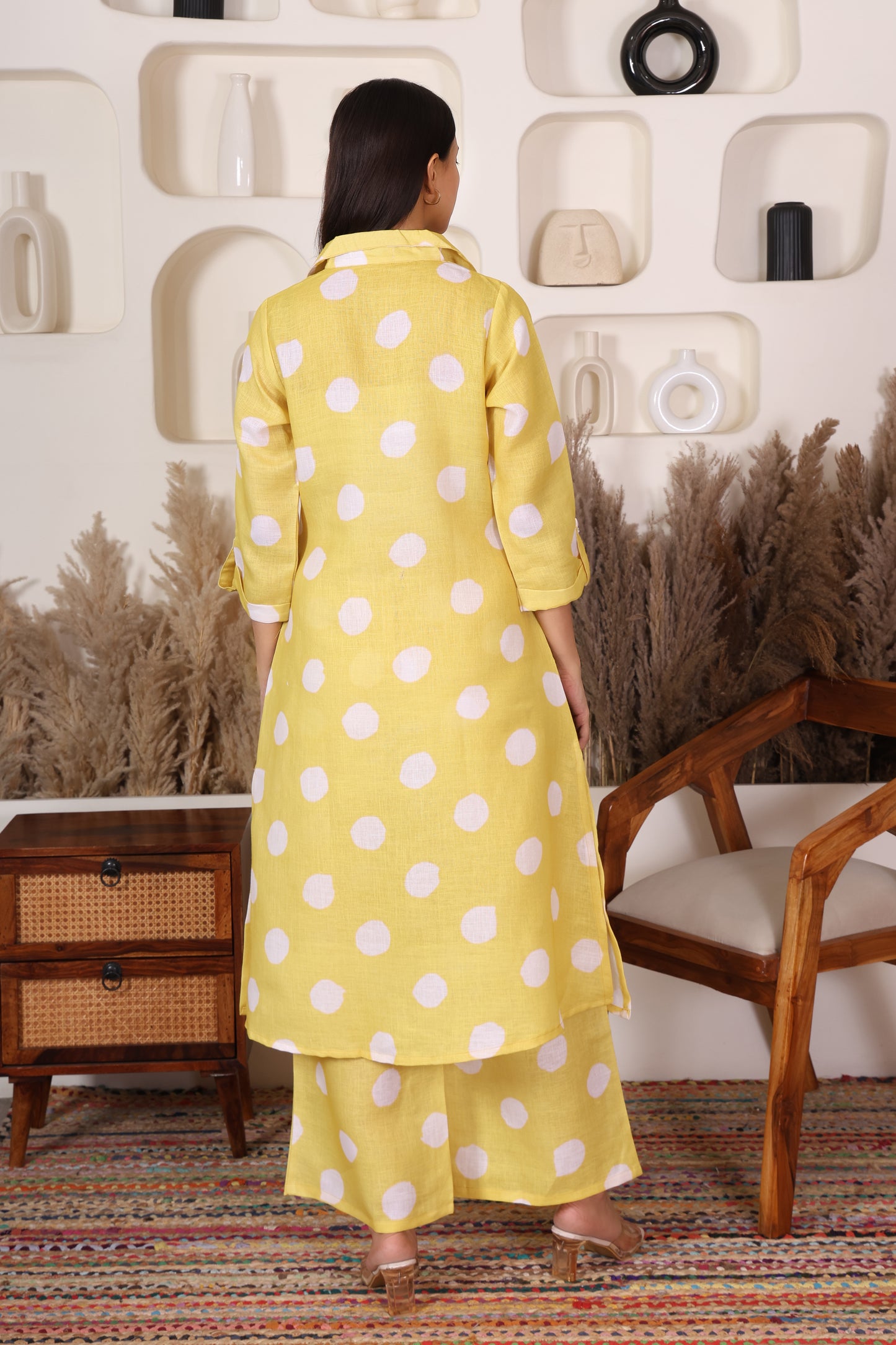 Hosita Lemon Yellow White Polka Dots Printed Long Co-Ord Set