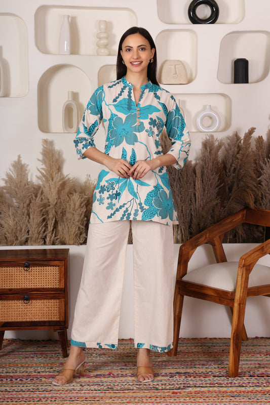 Blue Leaf Print Cotton Co-ord Set – Elegant Look