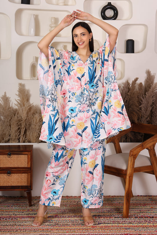 Hosita Vibrant Print with Pink Base Kaftan Co Ord Set