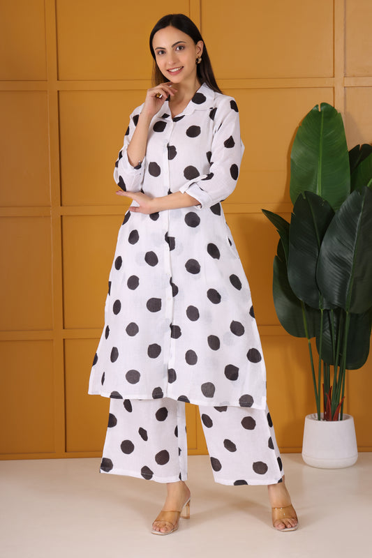 White with Black Polka Dots Printed Long Co-Ord Set