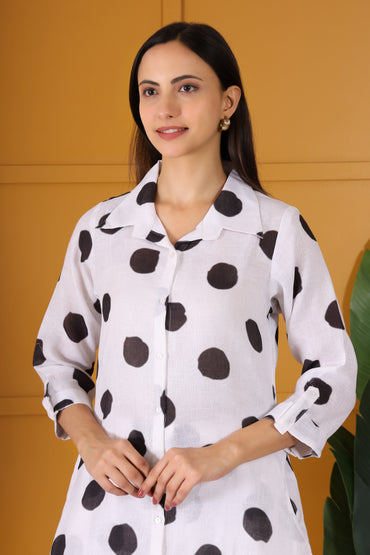 White with Black Polka Dots Printed Long Co-Ord Set