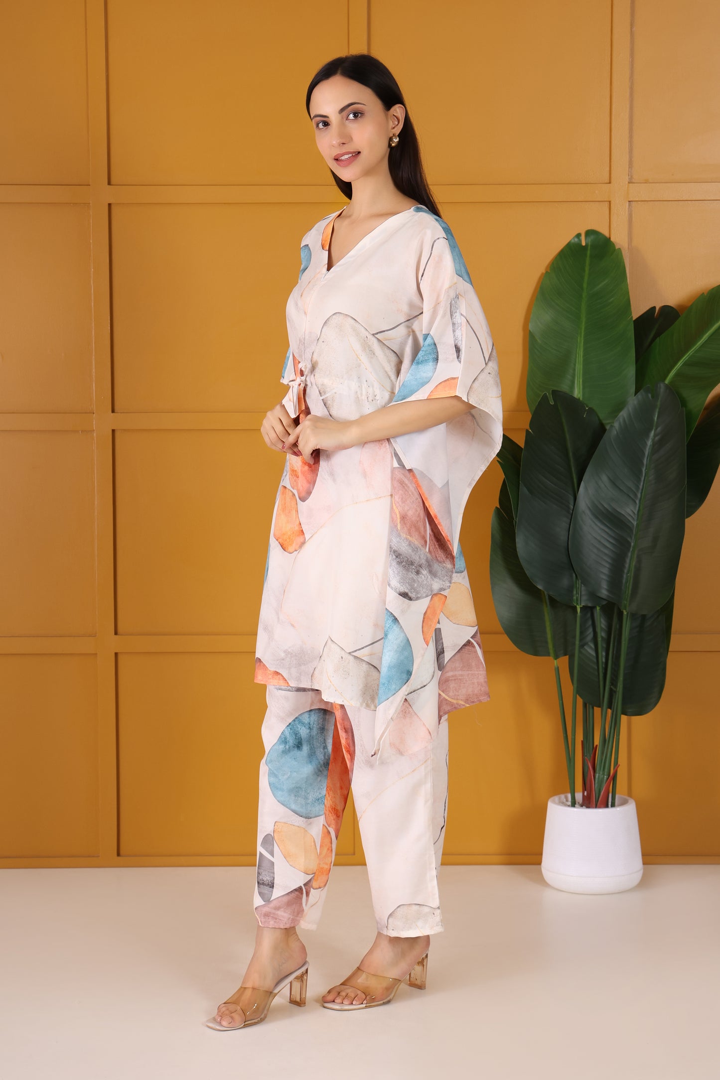 Hosita Beige Multicolor Print Kaftan Co Ord Set