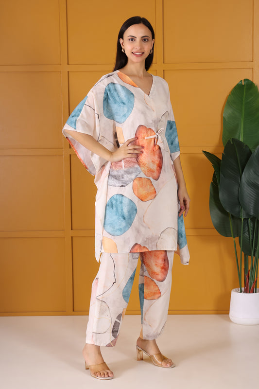 Hosita Beige Multicolor Print  Kaftan Co Ord Set