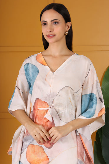Hosita Beige Multicolor Print  Kaftan Co Ord Set
