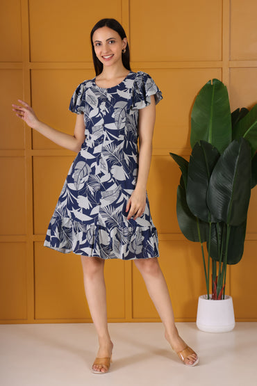 Hosita Blue Floral Printed Pure Cotton Short Dress