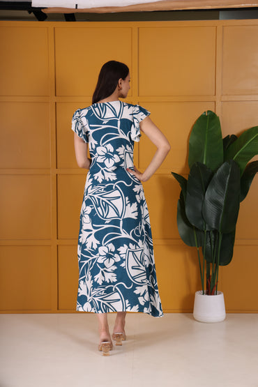 Hosita Blue Printed Pure Cotton Long dress with Straight Button Line