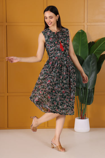 Green Floral Printed Flare Maxi dress