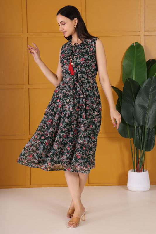 Green Floral Printed Flare Maxi dress