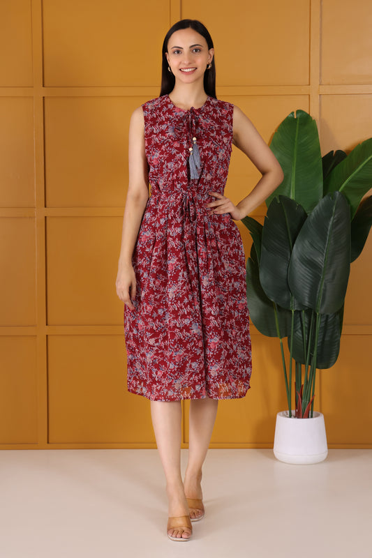 Elegant Maroon Floral Printed Flare Maxi dress